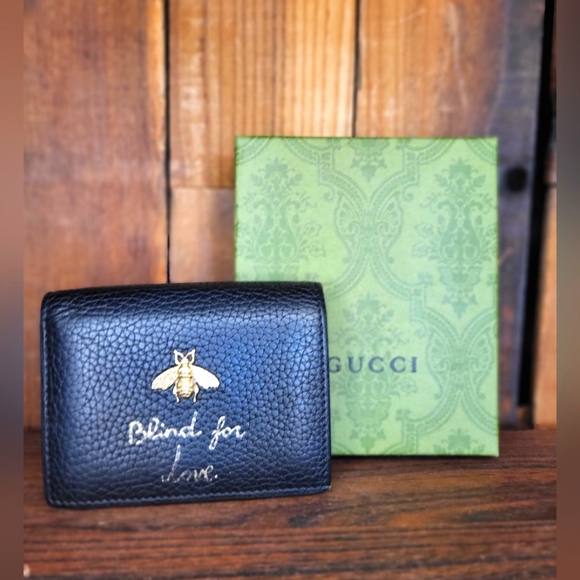 Gucci Wallet Blind For Love Bee Black GG Foldover Snap - Picture 1 of 9